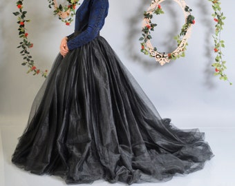 Black Tulle Skirt Gown/ Perfect Black Wedding Skirt/ Tulle Skirt with Big Train/ Luxury Black Tulle Skirt