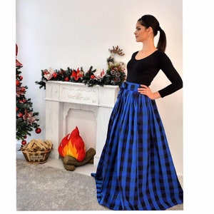 Blue Checks Skirt with POCKETS/ Tartan Skirt/ Floor Length Skirt/ Maxi Skirt/ Separates Skirt/ Blue and Black Skirt/ All Sizes Skirt