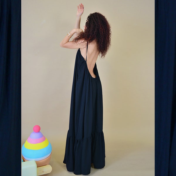 Open Back Dress/ Summer Beach Dress/ Backless Dress/ Dress with Pockets/ Satin Dress/ Cotton Dress/ Black Backless Dress/ Black Cotton Dress