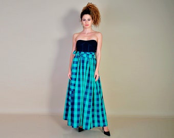 Green Checks Skirt with Pockets/ Checked Skirt/ Cotton Skirt/ Maxi Skirt/ Skirt with Belt/ Checked Skirt/ Blue Checks Skirt/ Plaid Skirt