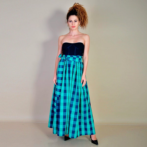 Green Checks Skirt with Pockets/ Checked Skirt/ Cotton Skirt/ Maxi Skirt/ Skirt with Belt/ Checked Skirt/ Blue Checks Skirt/ Plaid Skirt