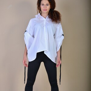 Cotton White Shirt/ Street Style Shirt/ Extravagant Shirt/ Asymmetrical Shirt/ Rope Clothes/ Top with Rope image 3