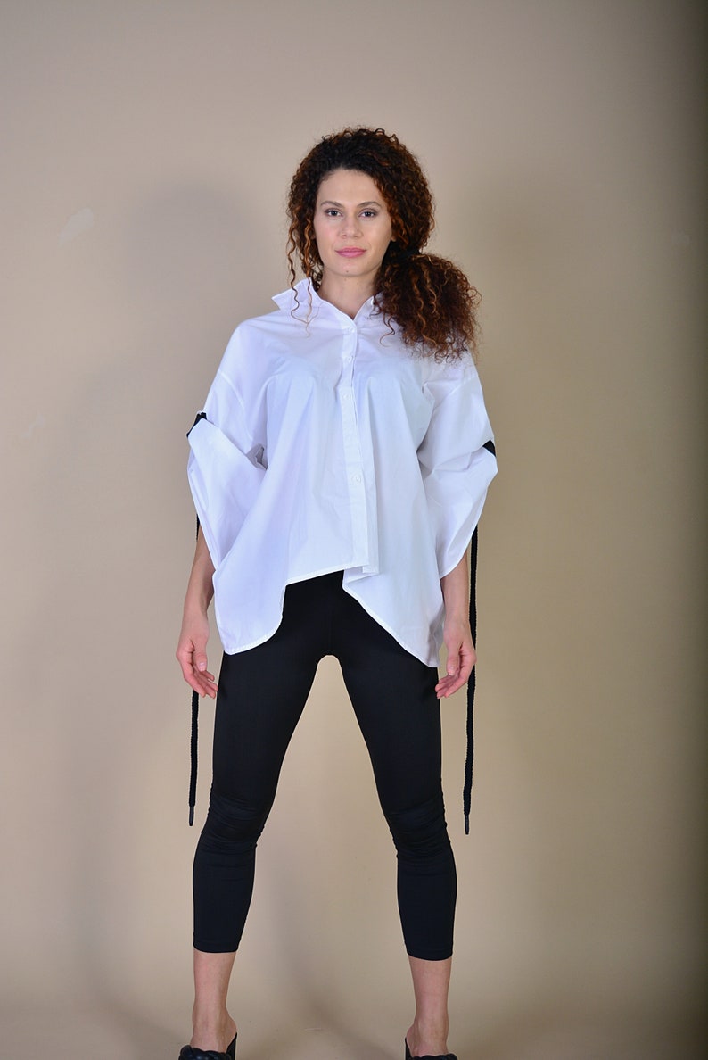 Cotton White Shirt/ Street Style Shirt/ Extravagant Shirt/ Asymmetrical Shirt/ Rope Clothes/ Top with Rope image 3