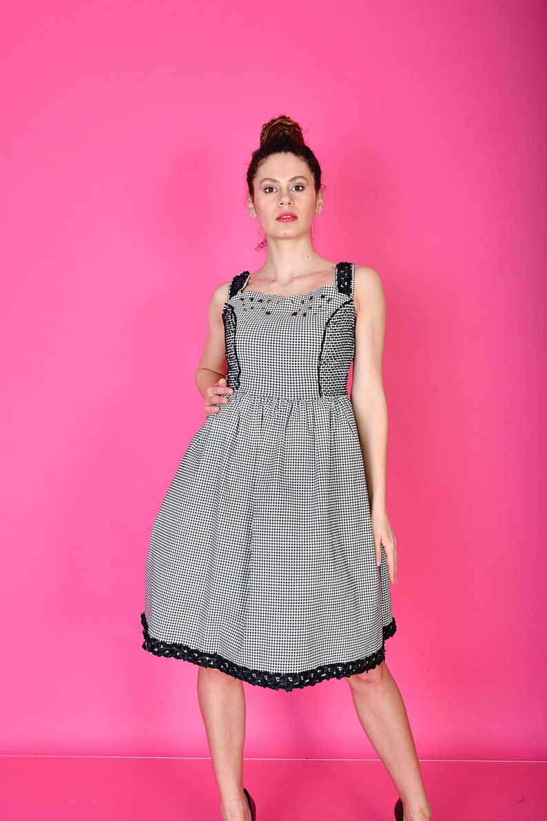 Beth Dress/ Vintage Black & White Checkered Dress/ Hand Embroidered Crystals Dress/ Short Checkered Dress/ Vintage Dress image 5