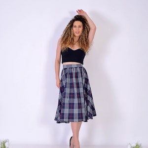 Short Navy Checks Skirt/ Short Cotton SKirt/ Checks Skirt/ Midi Dress with Checks Pattern/ Birthday Skirt/ Navy SKirt/ Office Navy Skirt image 3