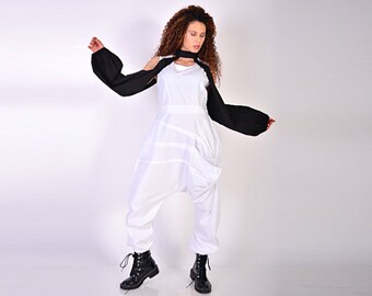 All in One with Long Sleeves/ Monochrome Outfit/ Street Jumpsuit/ Shalvar/ White Jumpsuit with Black Sleeves/ Loose Trousers/