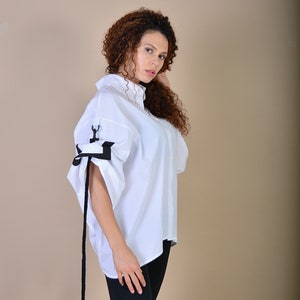 Cotton White Shirt/ Street Style Shirt/ Extravagant Shirt/ Asymmetrical Shirt/ Rope Clothes/ Top with Rope image 7