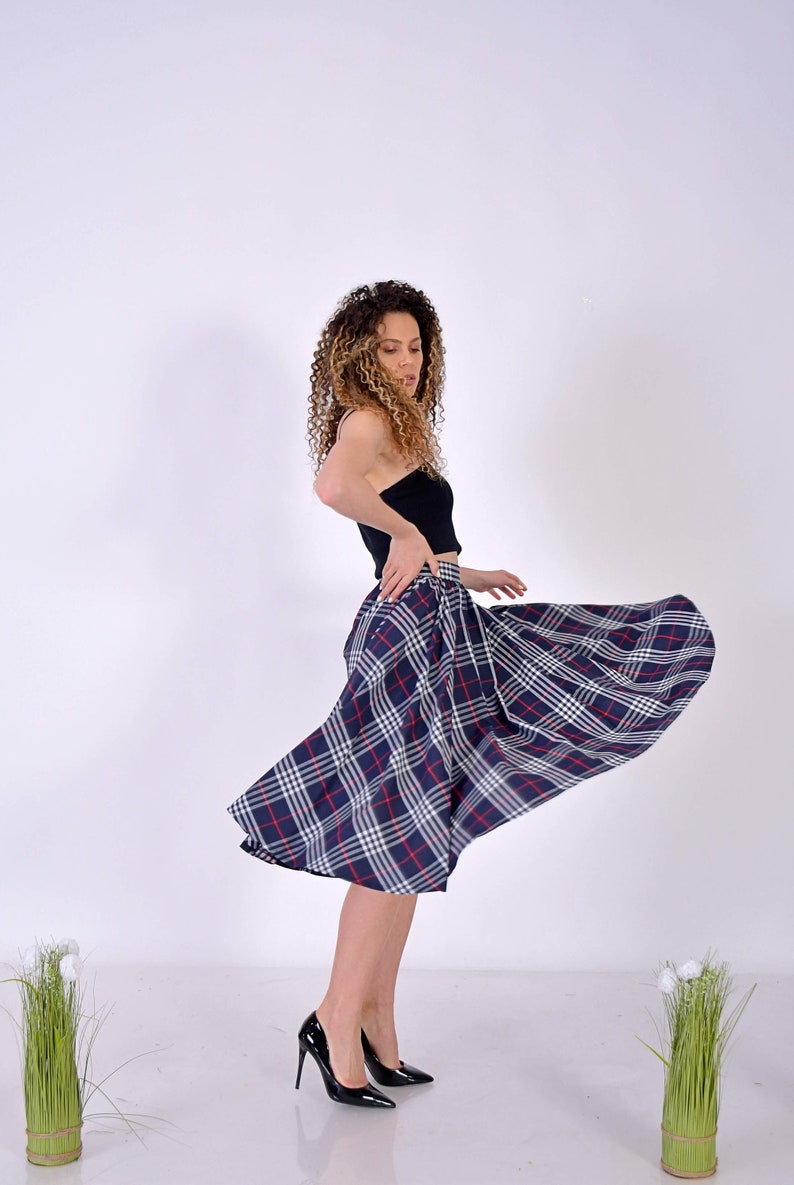 Short Navy Checks Skirt/ Short Cotton SKirt/ Checks Skirt/ Midi Dress with Checks Pattern/ Birthday Skirt/ Navy SKirt/ Office Navy Skirt image 9