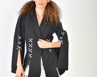 Cape Black Blazer/ Black Blazer With Straps Details/ Blazer With Cut Out Half Sleeves/ Black Blazer Coat/ Black Jacket Coat/ Black Coat