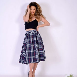 Short Navy Checks Skirt/ Short Cotton SKirt/ Checks Skirt/ Midi Dress with Checks Pattern/ Birthday Skirt/ Navy SKirt/ Office Navy Skirt image 7