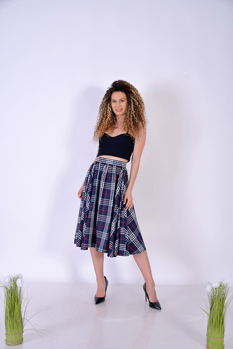 Short Navy Checks Skirt/ Short Cotton SKirt/ Checks Skirt/ Midi Dress with Checks Pattern/ Birthday Skirt/ Navy SKirt/ Office Navy Skirt image 2