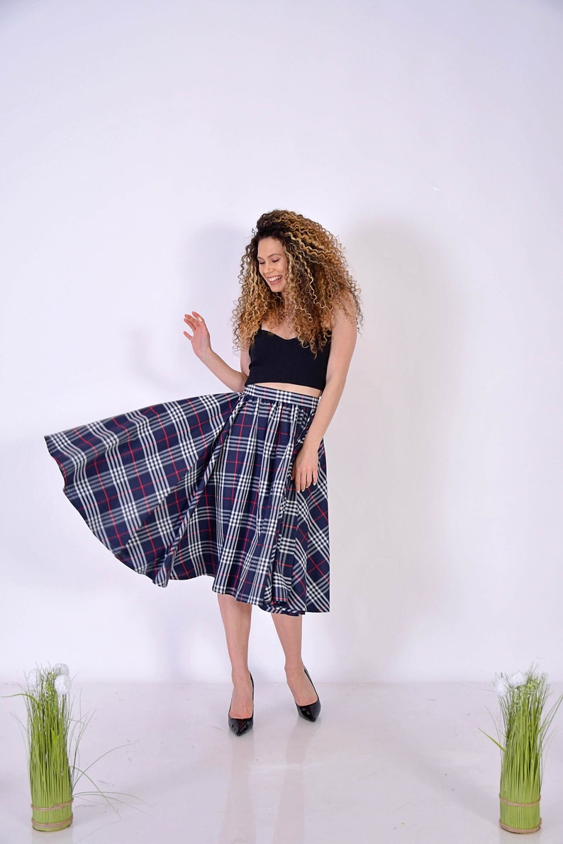 Short Navy Checks Skirt/ Short Cotton SKirt/ Checks Skirt/ Midi Dress with Checks Pattern/ Birthday Skirt/ Navy SKirt/ Office Navy Skirt image 6