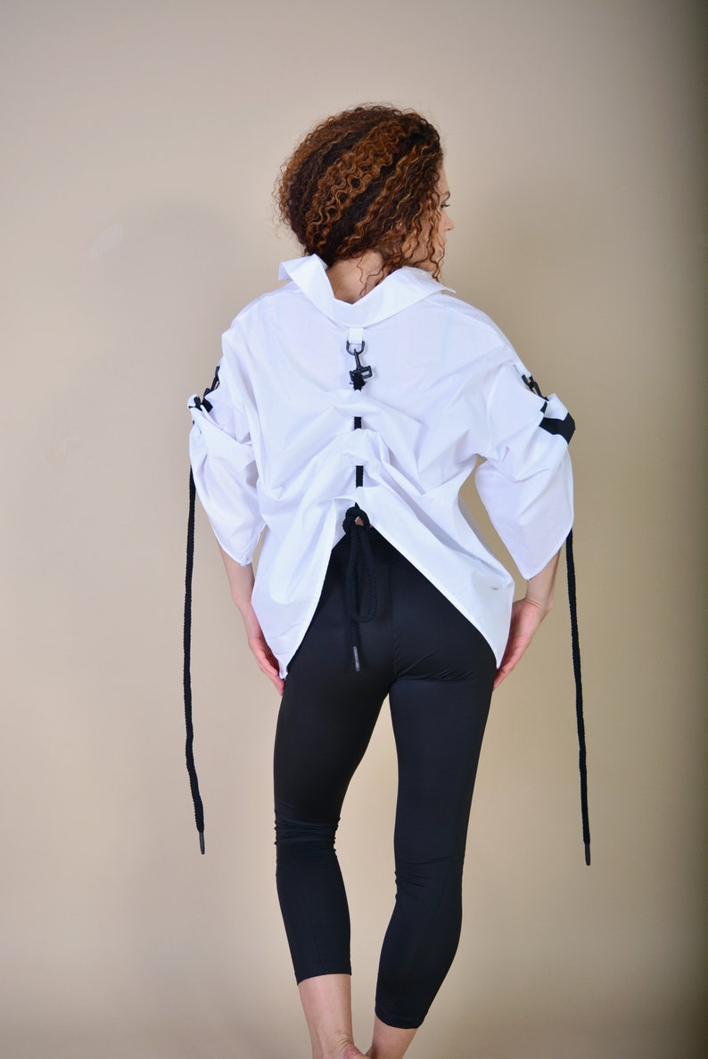 Cotton White Shirt/ Street Style Shirt/ Extravagant Shirt/ Asymmetrical Shirt/ Rope Clothes/ Top with Rope image 1