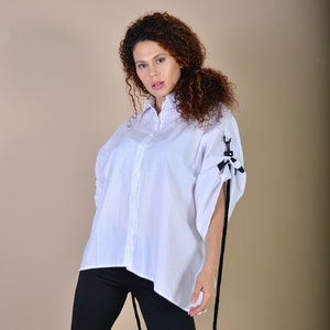 Cotton White Shirt/ Street Style Shirt/ Extravagant Shirt/ Asymmetrical Shirt/ Rope Clothes/ Top with Rope image 8