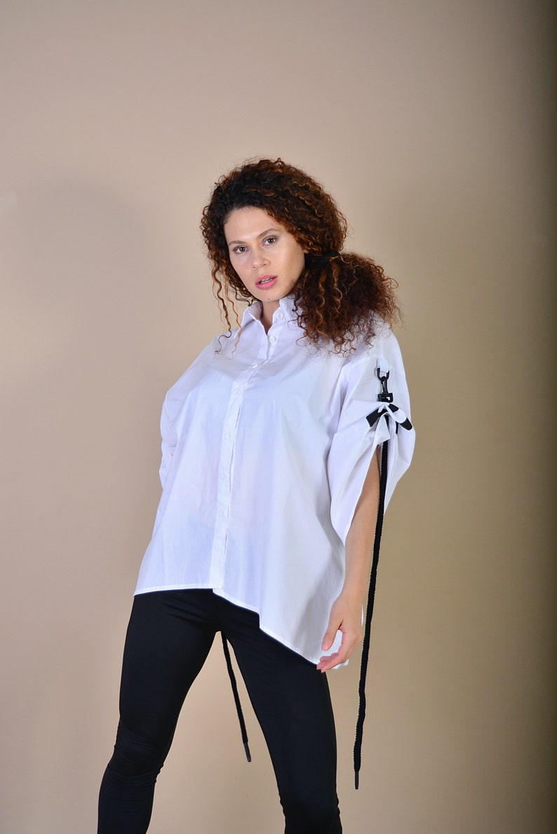 Cotton White Shirt/ Street Style Shirt/ Extravagant Shirt/ Asymmetrical Shirt/ Rope Clothes/ Top with Rope image 8