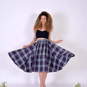 Short Navy Checks Skirt/ Short Cotton SKirt/ Checks Skirt/ Midi Dress with Checks Pattern/ Birthday Skirt/ Navy SKirt/ Office Navy Skirt image 5