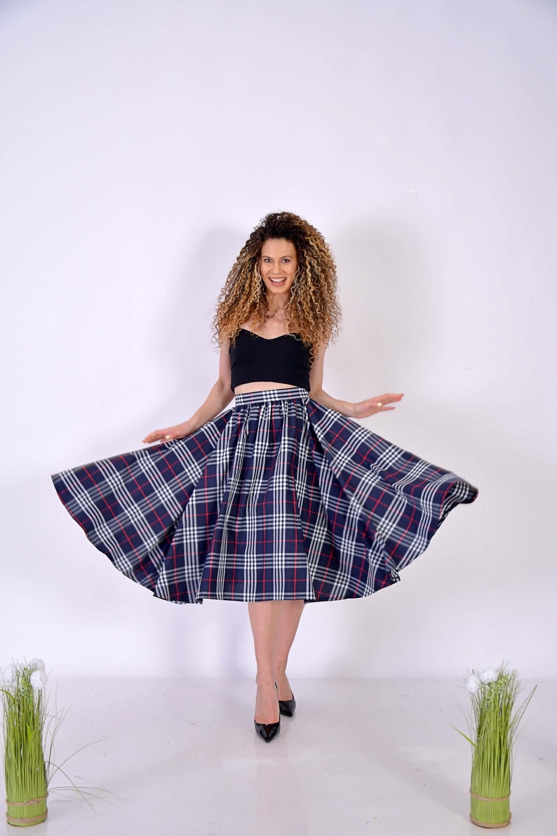 Short Navy Checks Skirt/ Short Cotton SKirt/ Checks Skirt/ Midi Dress with Checks Pattern/ Birthday Skirt/ Navy SKirt/ Office Navy Skirt image 5