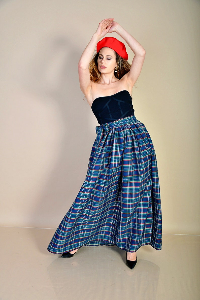 Blue Green Skirt/ Green Checks Skirt/ Cotton Skirt/ Maxi Skirt/ Skirt with Belt/ Long Skirt/ Checks Skirt/ Blue Checks Skirt image 4