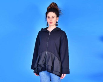 Elegant Black Sweatshirt/ Sweatshirt With Hood/ Casual Sweatshirt/ Long Wide Sleeves/ Fancy Modern Sweatshirt/ Sweatshirt With Pleats