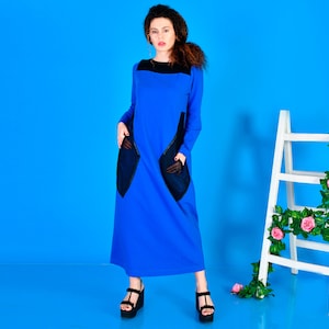 Blue Dress/ Winter Dress/ Cold Weather Dress/ Streetwear Dress/ Dress With Pockets/ Cotton Dress/ Quilted Cotton Dress/ Long Sleeves Dress image 1