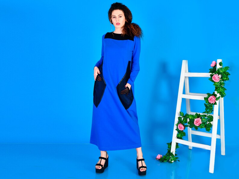 Blue Dress/ Winter Dress/ Cold Weather Dress/ Streetwear Dress/ Dress With Pockets/ Cotton Dress/ Quilted Cotton Dress/ Long Sleeves Dress image 1