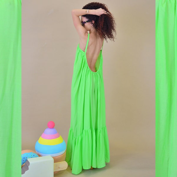 Neon Green Summer Dress/ Green Summer Dress/ Open Back Neon Dress/ Backless Neon Dress/ Neon Kaftan Dress/ Beach Neon Dress