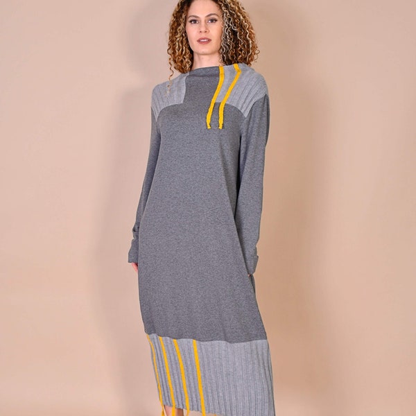 Gray Jumper Dress/ Knitted Dress/ Yellow Knit Dress/ Gray Knit Dress/ Jumper Dress/ Gray Yellow Dress/ Gray Winter Dress/ Grey Winter Dress