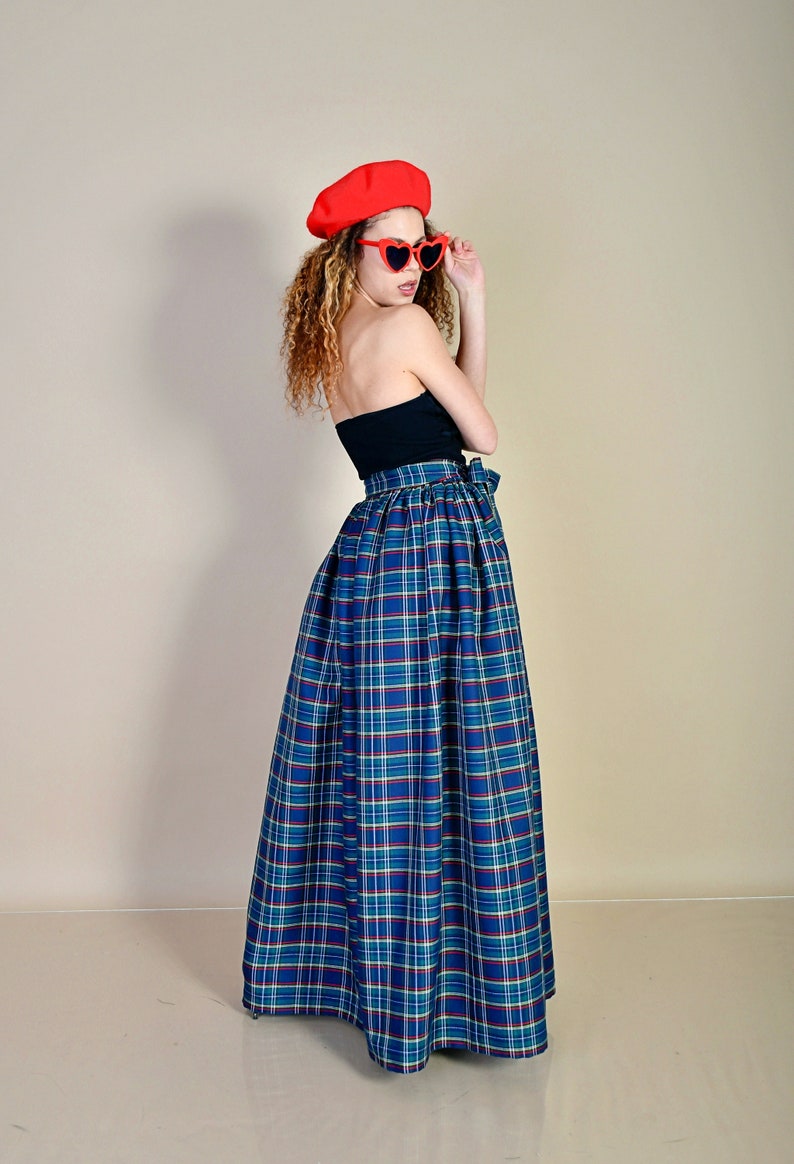 Blue Green Skirt/ Green Checks Skirt/ Cotton Skirt/ Maxi Skirt/ Skirt with Belt/ Long Skirt/ Checks Skirt/ Blue Checks Skirt image 9