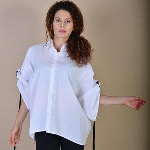 Cotton White Shirt/ Street Style Shirt/ Extravagant Shirt/ Asymmetrical Shirt/ Rope Clothes/ Top with Rope image 5
