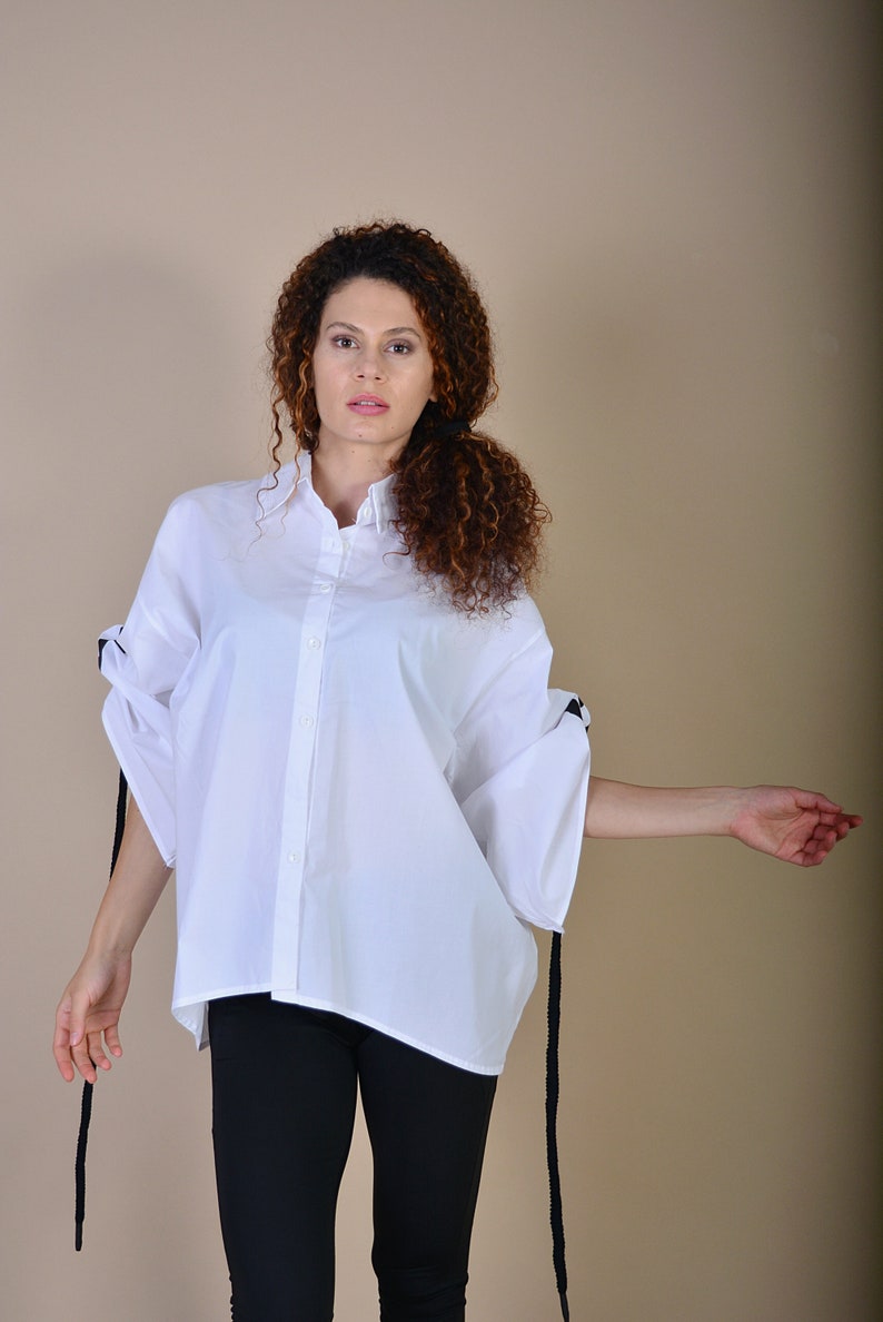 Cotton White Shirt/ Street Style Shirt/ Extravagant Shirt/ Asymmetrical Shirt/ Rope Clothes/ Top with Rope image 5