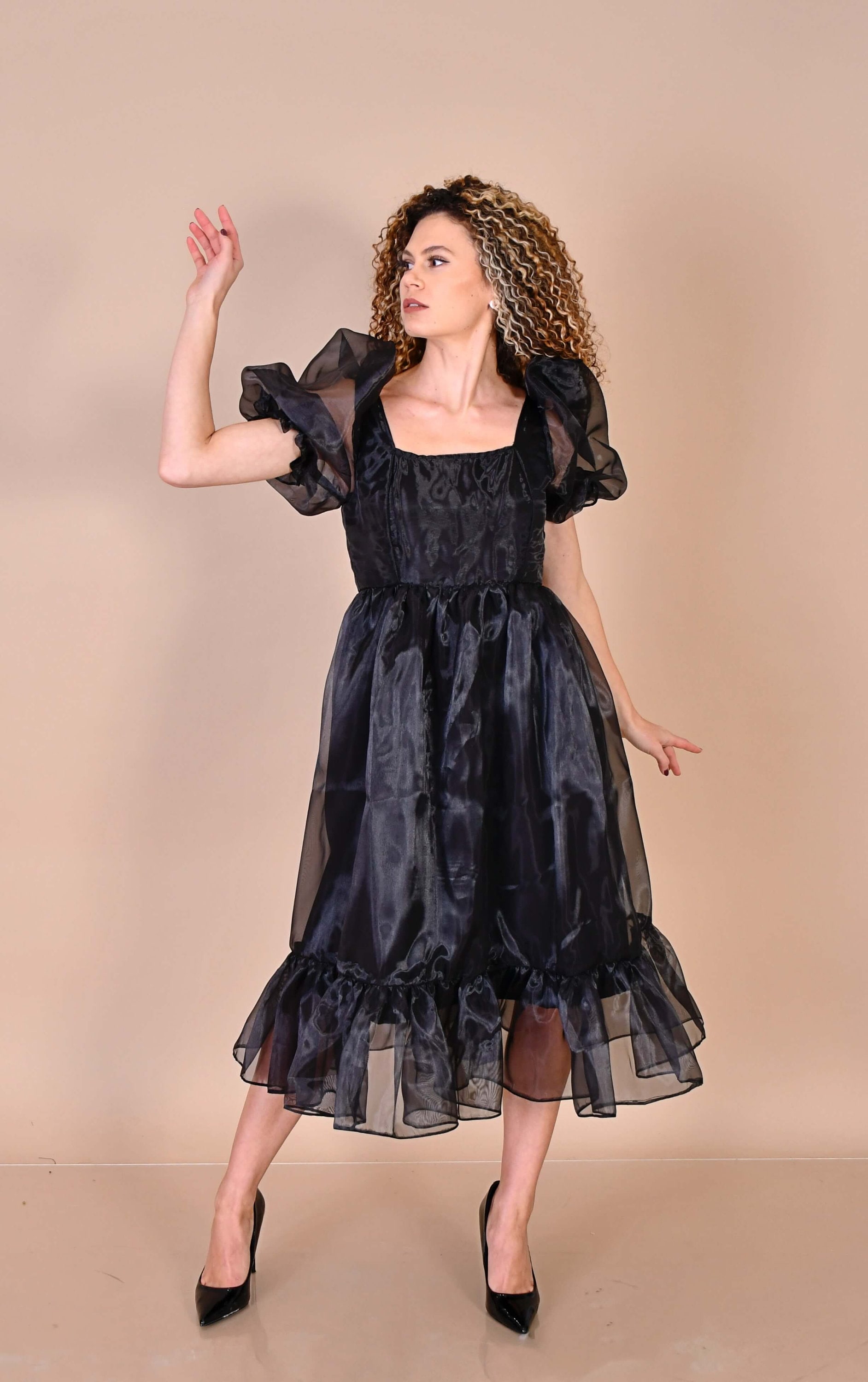 【OVERDUEFLAIR】organza balloon mini dress_black ORGANZA BALLOON MINI DRESS_BLACK - overdueflair