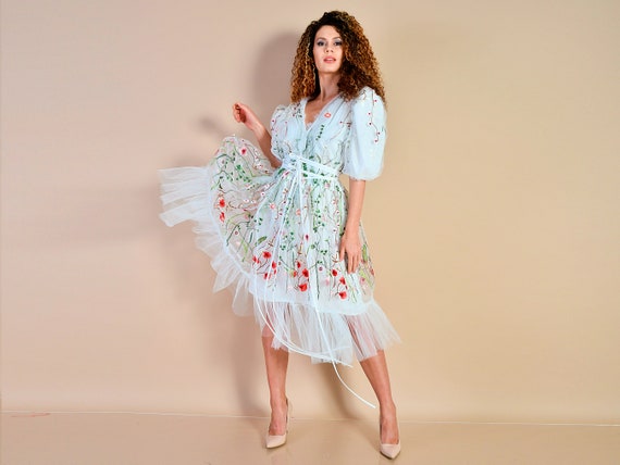 Embroidered Dress/ Short Bridal Dress/ White Embroidered Dress/ Floral Embroidery/ Puffy Sleeves Dress/ Balloon Sleeves Dress Embroidered Dress/ Short Bridal Dress/ White Embroidered Dress/ Floral Embroidery/ Puffy Sleeves Dress/ Balloon Sleeves Dress
