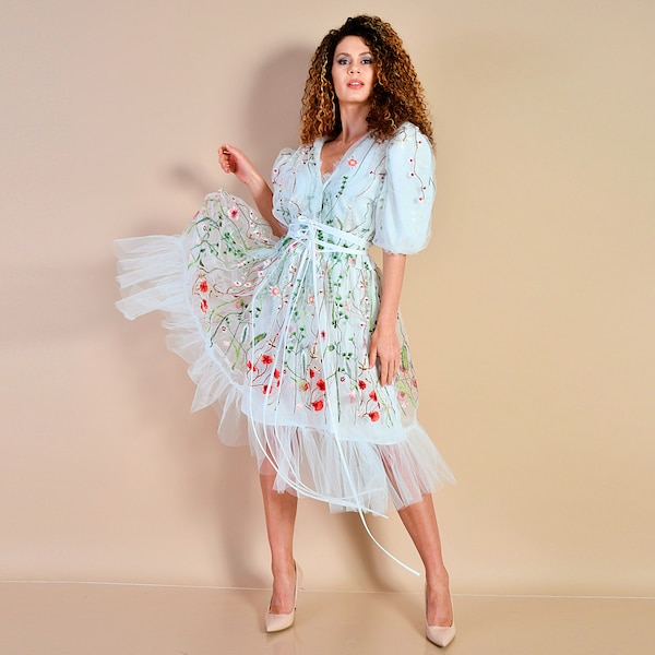 Embroidered Dress/ Short Bridal Dress/ White Embroidered Dress/ Floral Embroidery/ Puffy Sleeves Dress/ Balloon Sleeves Dress