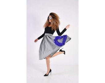 Art Skirt/ Designer Skirt/ Fashion Skirt/ Black Checks Skirt/ Knee Length Skirt/ Office Fun Skirt/ Purple Skirt/ Black Skirt/ Mod Skirt