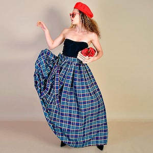 Blue Green Skirt/ Green Checks Skirt/ Cotton Skirt/ Maxi Skirt/ Skirt with Belt/ Long Skirt/ Checks Skirt/ Blue Checks Skirt image 1