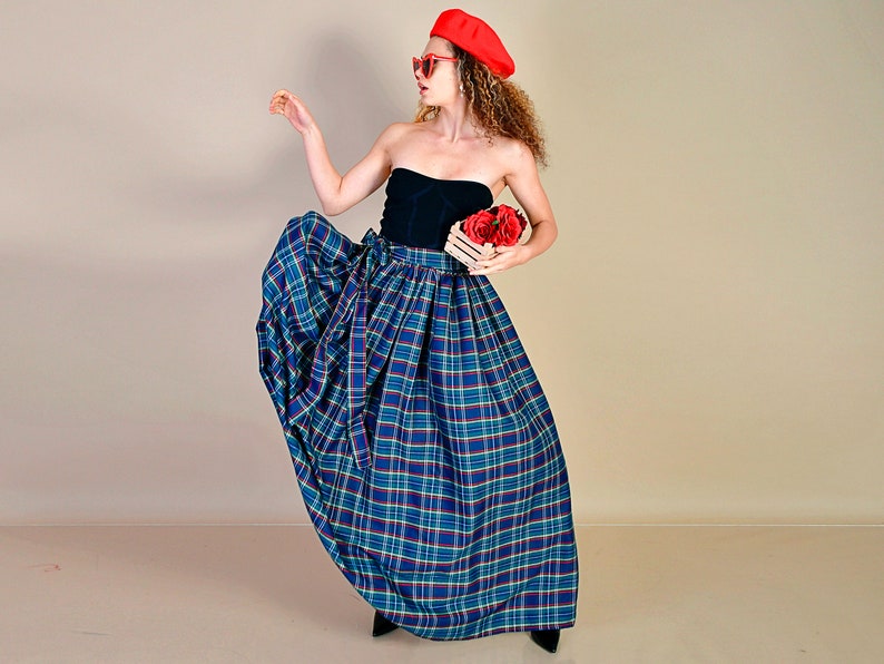 Blue Green Skirt/ Green Checks Skirt/ Cotton Skirt/ Maxi Skirt/ Skirt with Belt/ Long Skirt/ Checks Skirt/ Blue Checks Skirt image 1