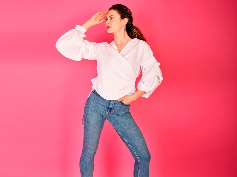 White Shirt/ Pure Cotton Shirt/ White Wrap Shirt/ Asymmetrical Shirt/ White Office Shirt/ Asymmetrical White Shirt/ White Shirt With Belt image 1