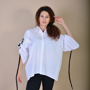 Cotton White Shirt/ Street Style Shirt/ Extravagant Shirt/ Asymmetrical Shirt/ Rope Clothes/ Top with Rope image 6