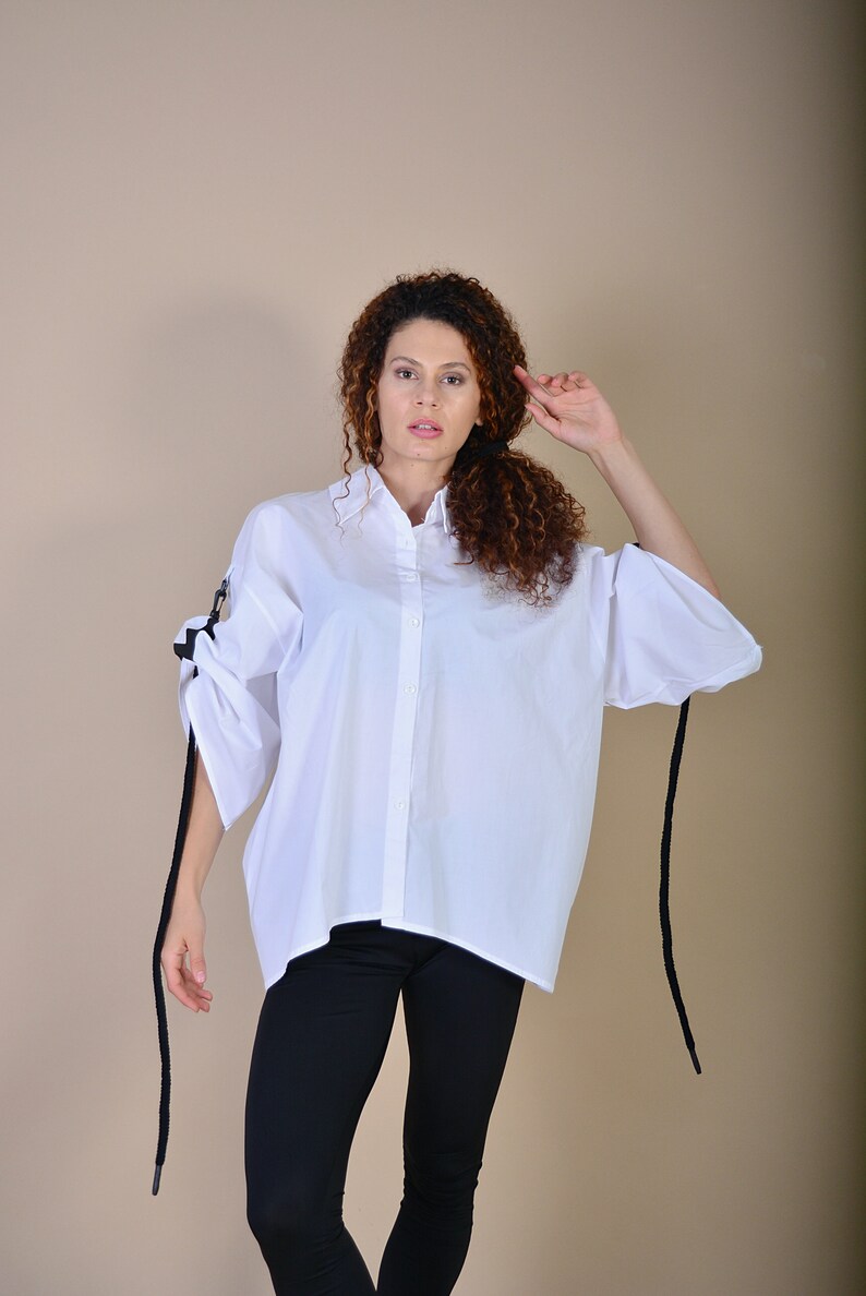 Cotton White Shirt/ Street Style Shirt/ Extravagant Shirt/ Asymmetrical Shirt/ Rope Clothes/ Top with Rope image 6