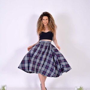 Short Navy Checks Skirt/ Short Cotton SKirt/ Checks Skirt/ Midi Dress with Checks Pattern/ Birthday Skirt/ Navy SKirt/ Office Navy Skirt image 4