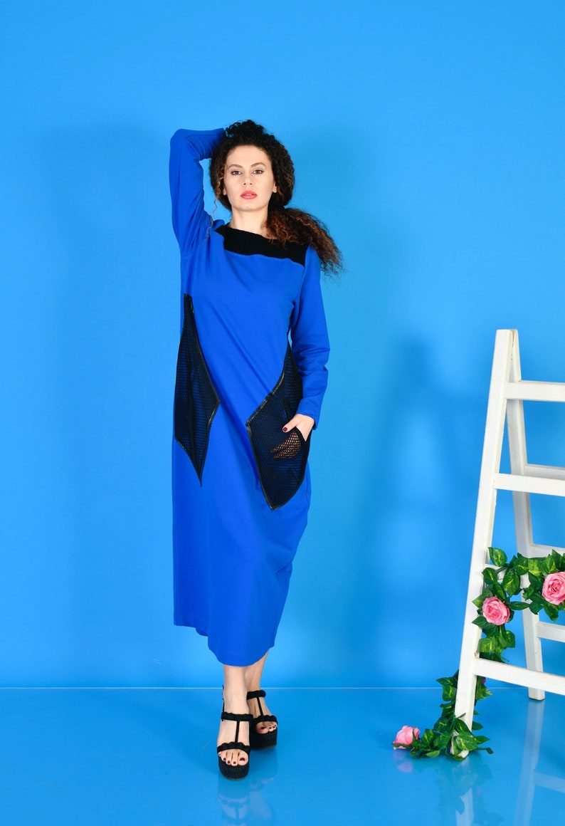 Blue Dress/ Winter Dress/ Cold Weather Dress/ Streetwear Dress/ Dress With Pockets/ Cotton Dress/ Quilted Cotton Dress/ Long Sleeves Dress image 2