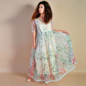 Embroidered Dress/ Wedding Dress/ White Dress/ White Embroidered Dress/ Floral Embroidery/ Embroidered Tulle Dress/ Fairy Dress