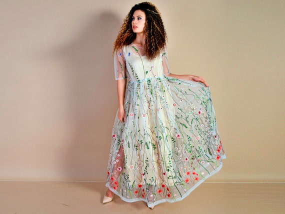 Embroidered Dress/ Wedding Dress/ White Dress/ White Embroidered Dress/ Floral  Embroidery/ Embroidered Tulle Dress/ Fairy Dress 