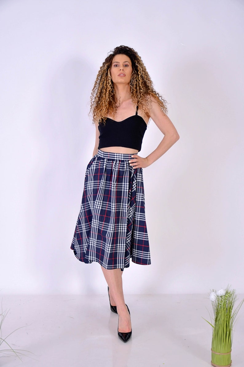 Short Navy Checks Skirt/ Short Cotton SKirt/ Checks Skirt/ Midi Dress with Checks Pattern/ Birthday Skirt/ Navy SKirt/ Office Navy Skirt image 8