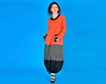 Orange Dress/ Long Dress/ Long Sleeves Dress/ Dress With Pockets/ Buckles Dress/ Winter Dress/ Cold Weather Dress/ Patchwork Dress