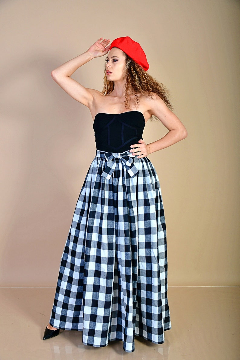 Winter Cotton Checkered Skirt with Pockets / Black and White Checks Skirt/ Cotton Skirt/ Checked Skirt/ Black and White Checks Skirt image 1