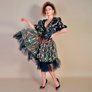 Embroidered Tulle Dress/ Black Dress/ Black Embroidered Dress/ Floral Embroidery/ Puffy Sleeves Dress/ Alternative Wedding Dress