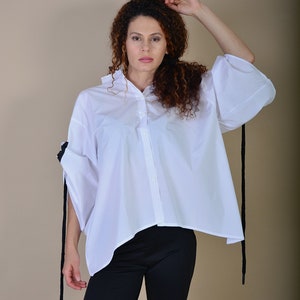 Cotton White Shirt/ Street Style Shirt/ Extravagant Shirt/ Asymmetrical Shirt/ Rope Clothes/ Top with Rope image 4