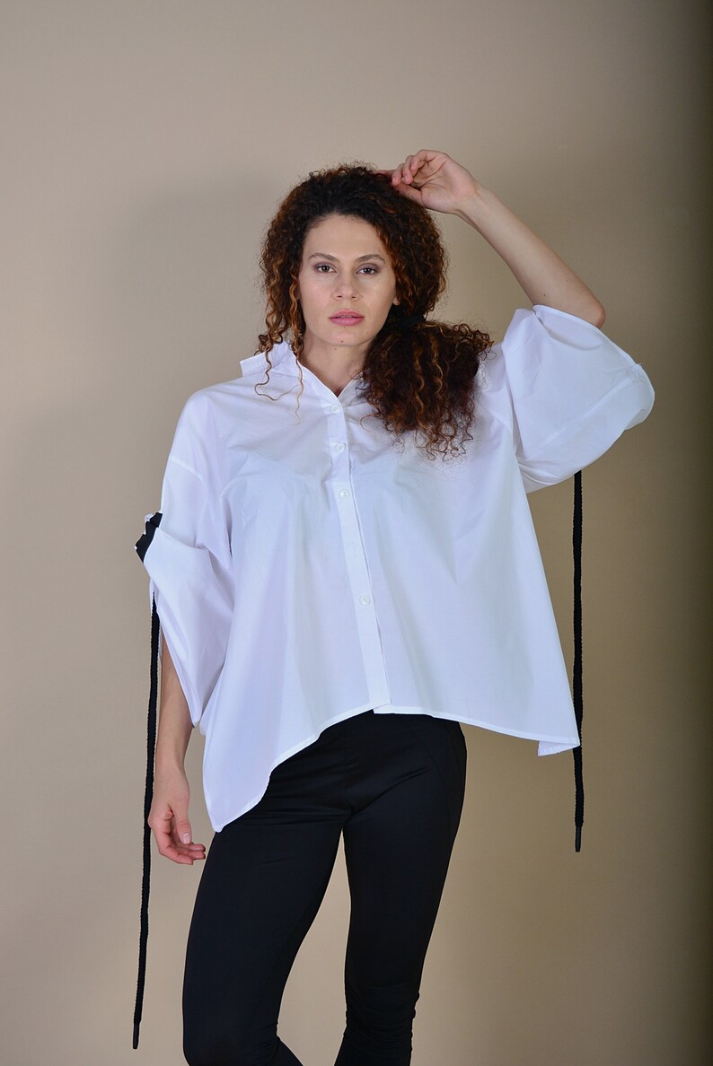 Cotton White Shirt/ Street Style Shirt/ Extravagant Shirt/ Asymmetrical Shirt/ Rope Clothes/ Top with Rope image 4