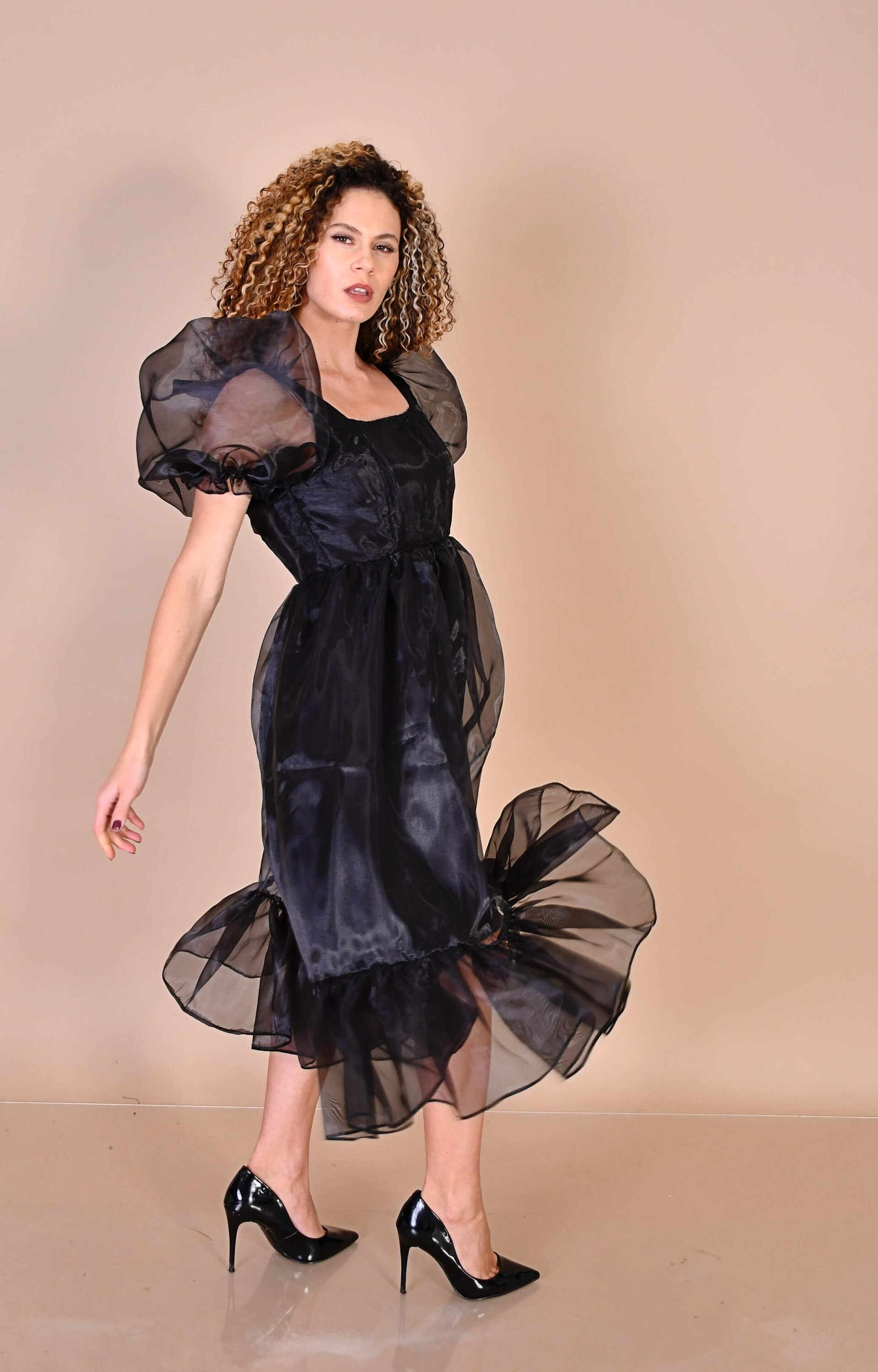 Black Organza Dress/ Midi Black Dress/ Runway Organza Dress